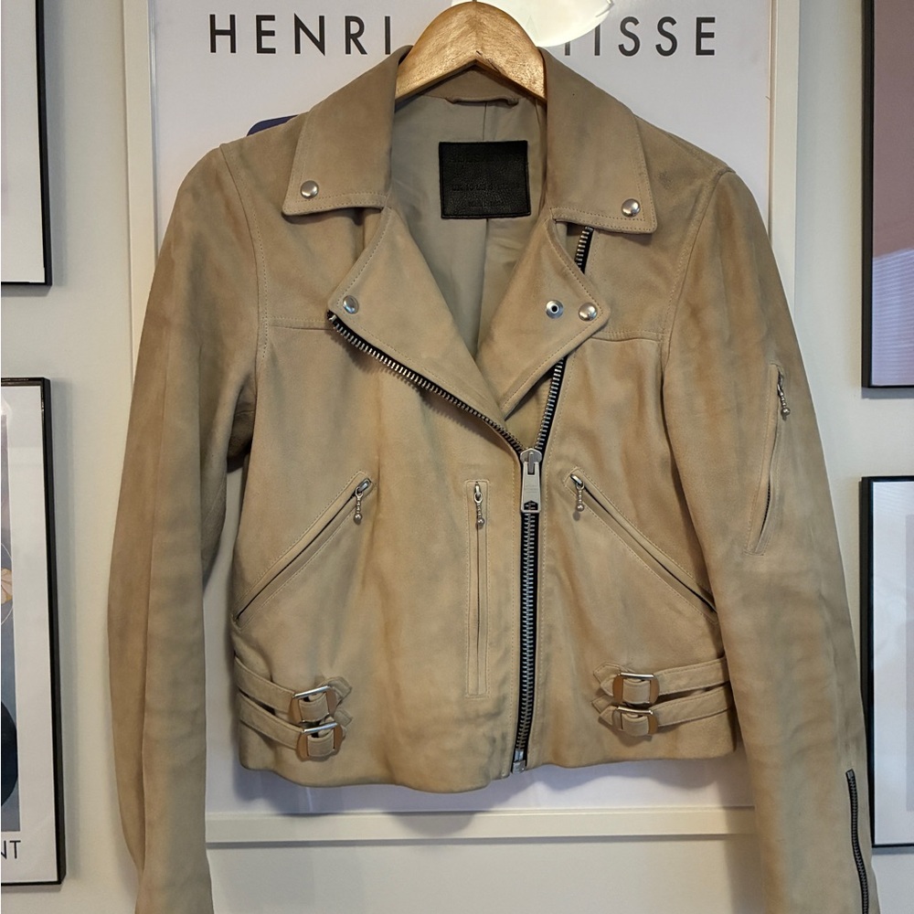 AllSaints Beige Suede Moto Jacket